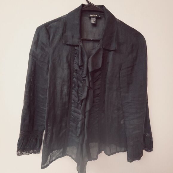 DKNY Black Ruffled Lace Inserts Buttons Down Women Blouse Size 4 - Picture 5 of 9